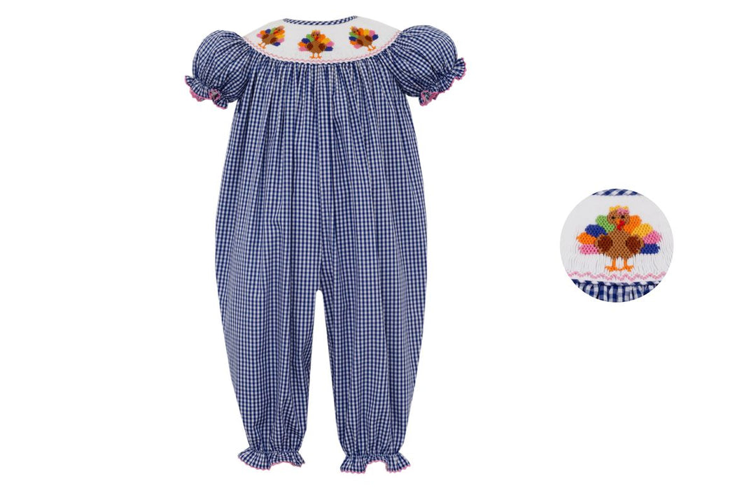 TURKEY GIRL´S - Navy blue gingham long bishop bubble w/ insert S/S