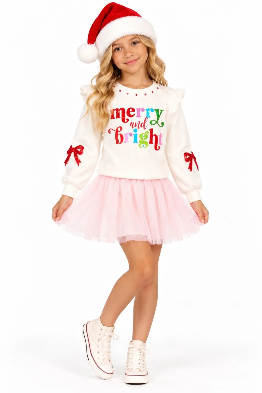 Merry & Bright LS Ruffle Ivory Tee