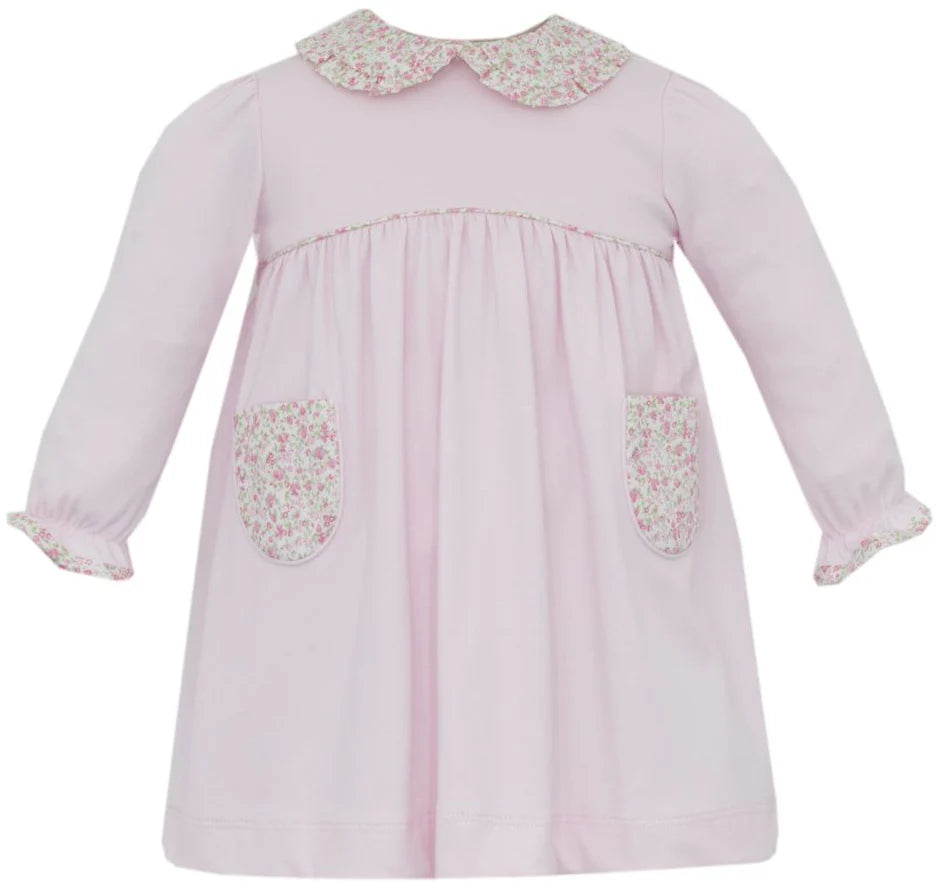 Pink knit dress w/ pink floral print collar & pockets