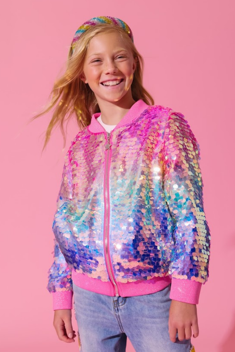Holographic Rainbow Paillette Bomber