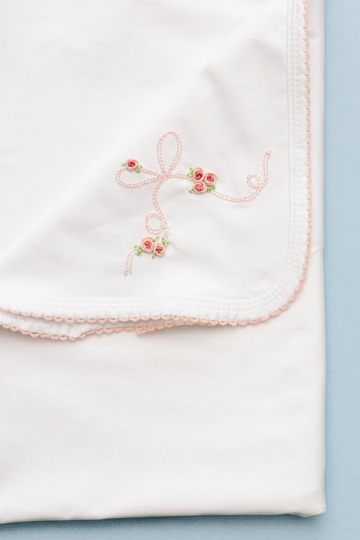 Bitty Bows Baby Blanket -  White with Pink Picot Trim