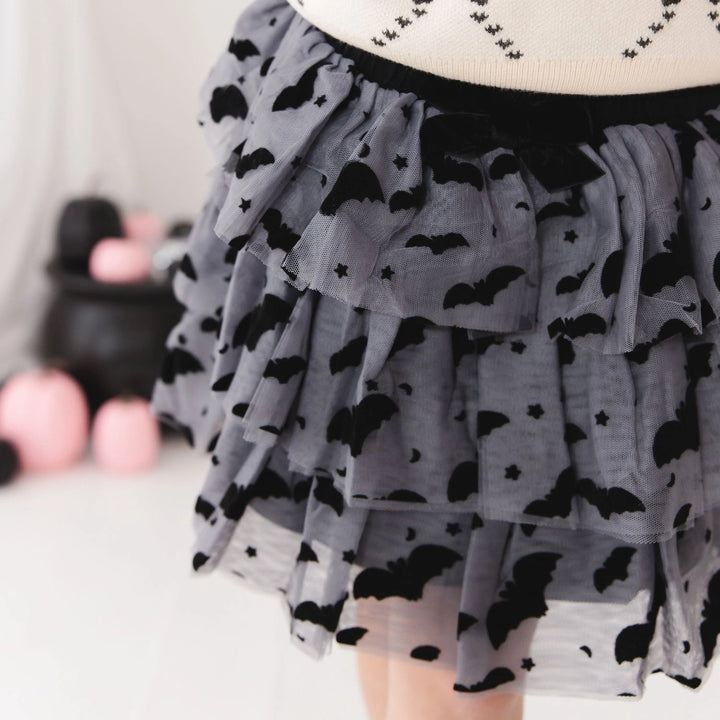 Flocked Bats Halloween Bow Tiered Tutu Skirt