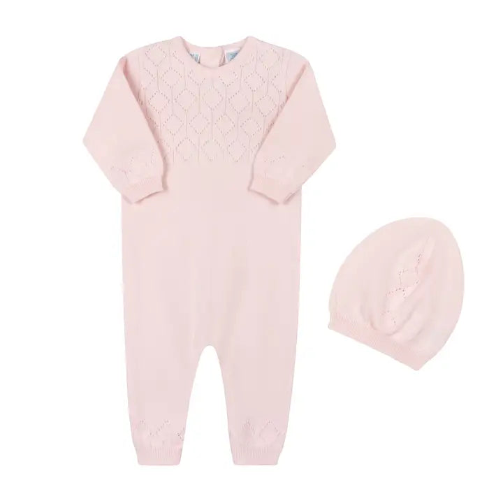 Pink Lux Pointelle Knit Romper W/Hat