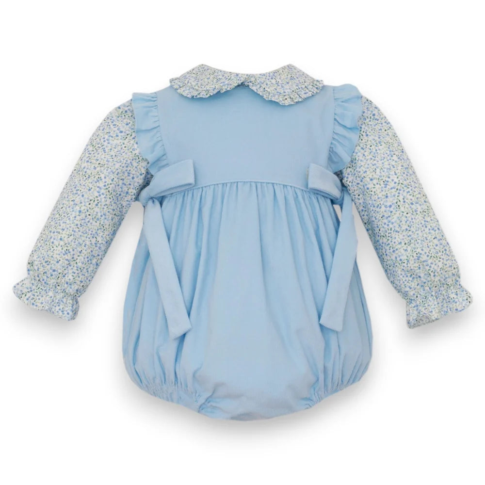 Lt Blue Corduroy Short Bubble w/ Floral Print Blouse