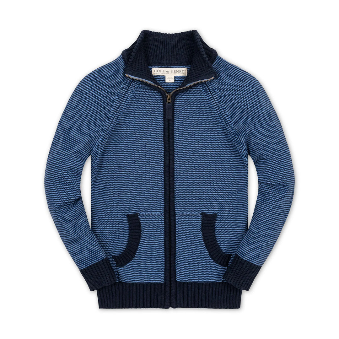 Organic Full Zip Mock Neck Sweater - Blue Microstripe