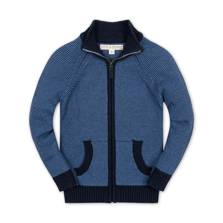 Organic Full Zip Mock Neck Sweater - Blue Microstripe
