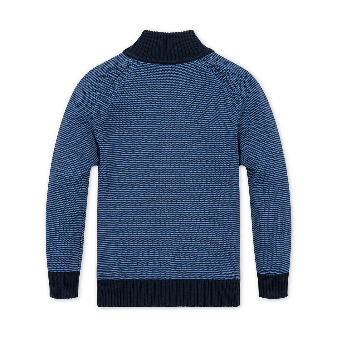 Organic Full Zip Mock Neck Sweater - Blue Microstripe