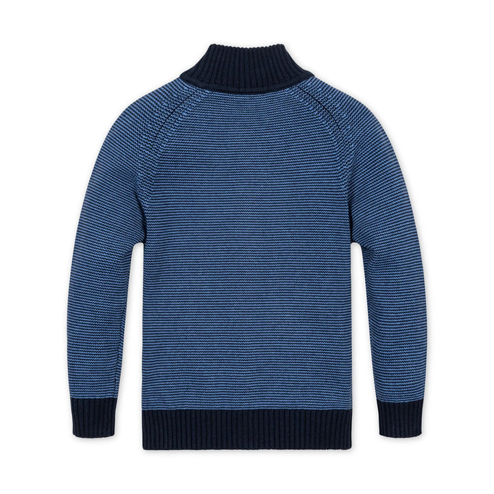 Organic Full Zip Mock Neck Sweater - Blue Microstripe