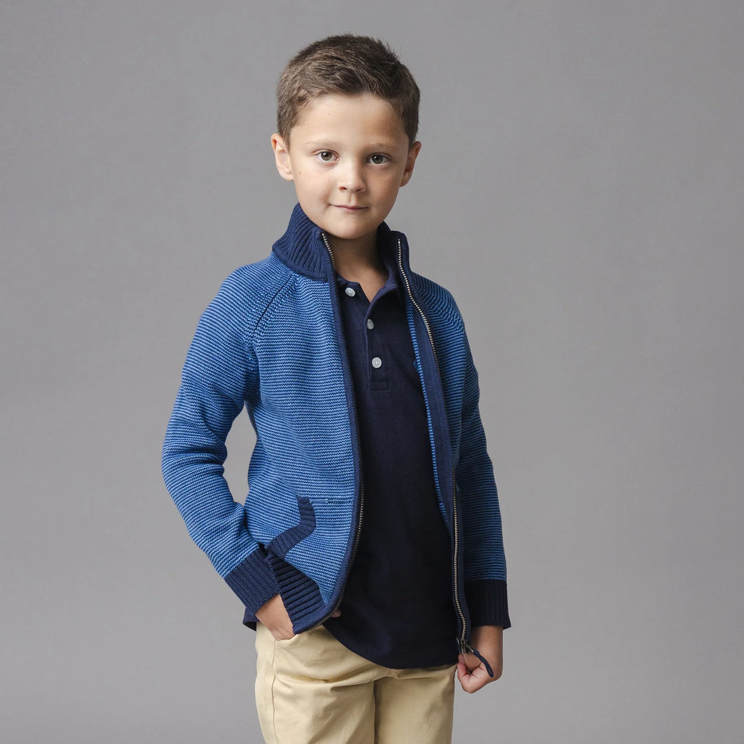 Organic Full Zip Mock Neck Sweater - Blue Microstripe