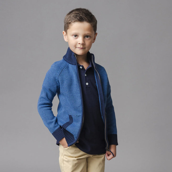 Organic Full Zip Mock Neck Sweater - Blue Microstripe