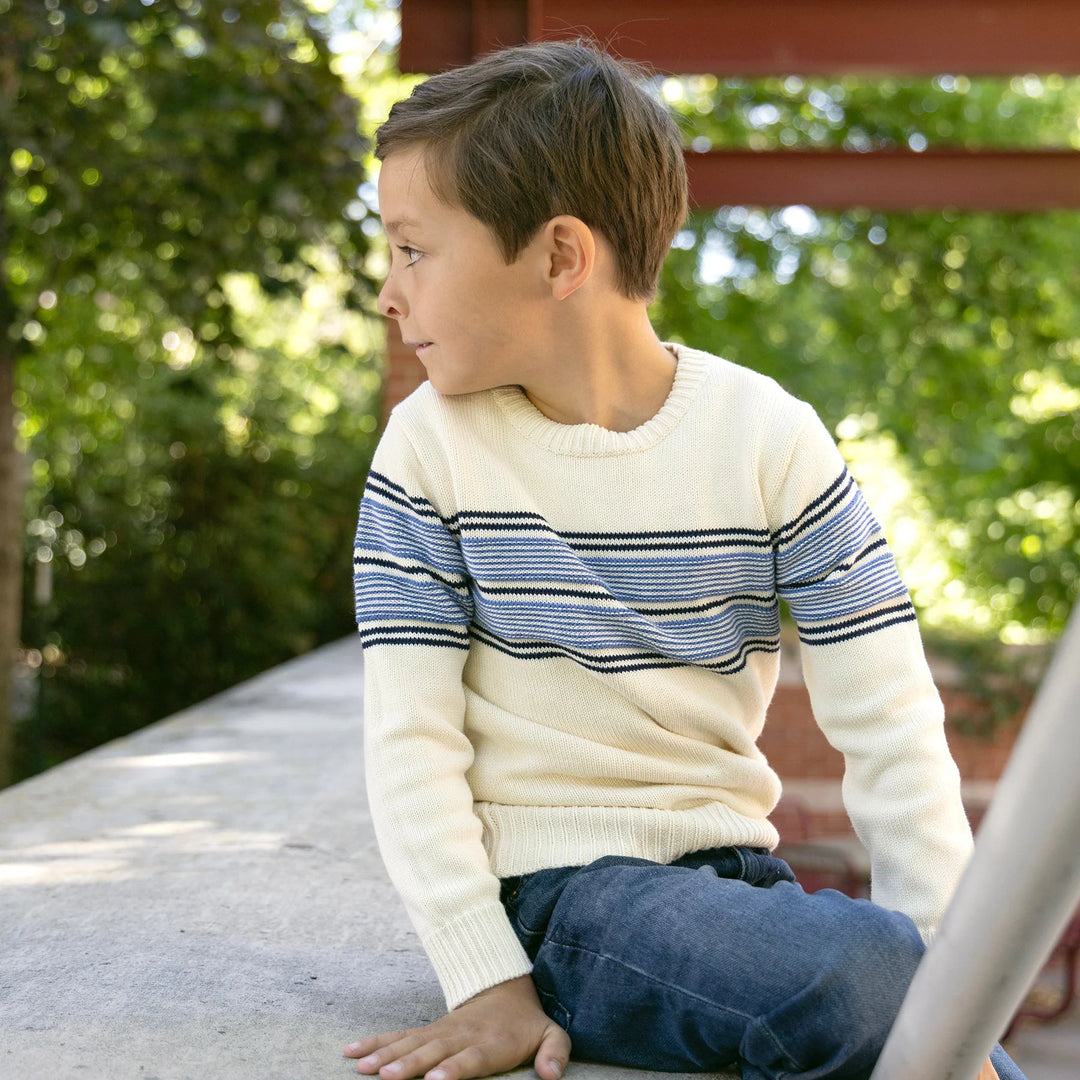 Organic Crewneck Sweater- Ivory/Blue Stripe