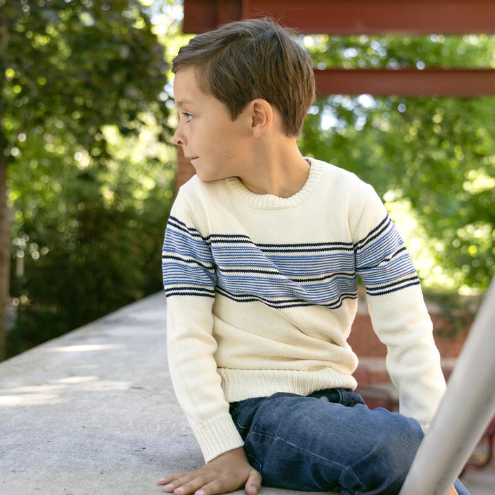 Organic Crewneck Sweater- Ivory/Blue Stripe