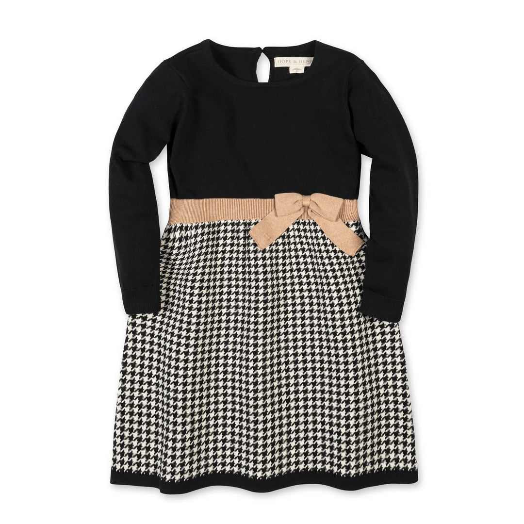 Organic Skater Sweater Dress with Bow - Black Houndstooth