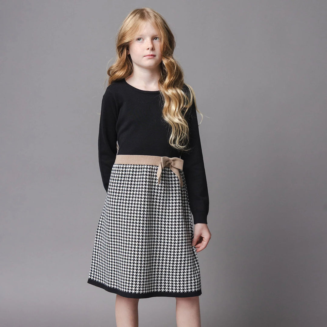 Organic Skater Sweater Dress with Bow - Black Houndstooth