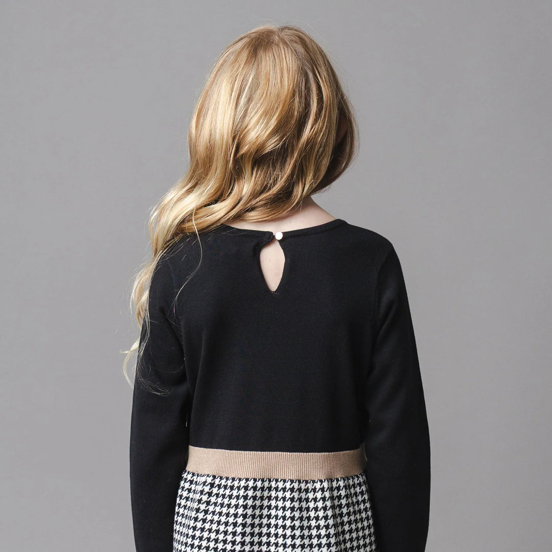 Organic Skater Sweater Dress with Bow - Black Houndstooth