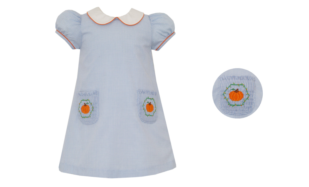 Pumpkin- Lt.Blue Gingham Dress w/ Smocked Pockets