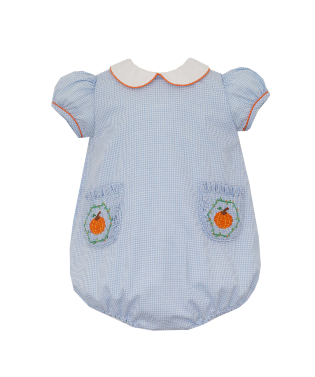 Pumpkin- Lt.blue gingham bubble w/ smocked pockets