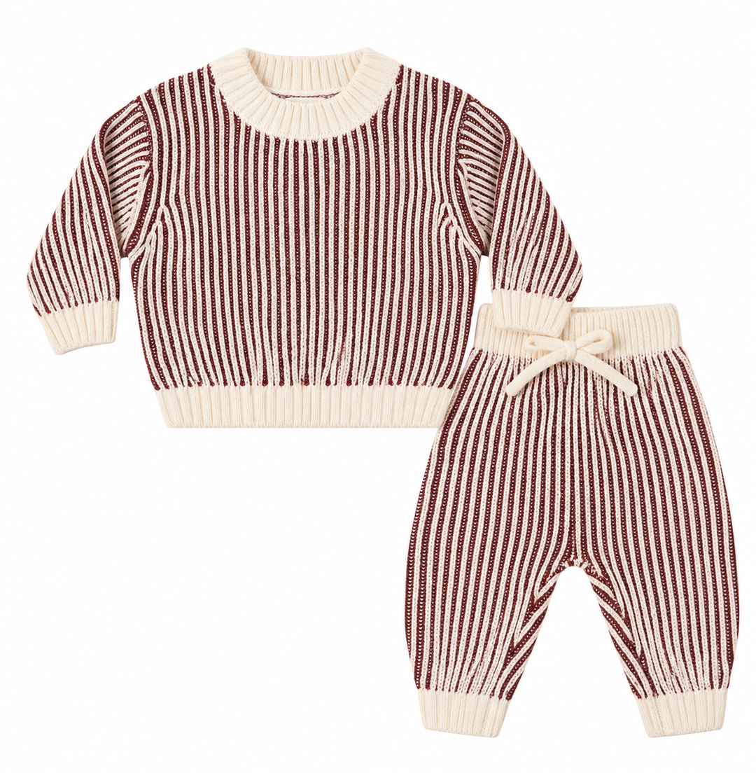 Relaxed Knit Sweater/Pants Set- Black Cherry Stripe