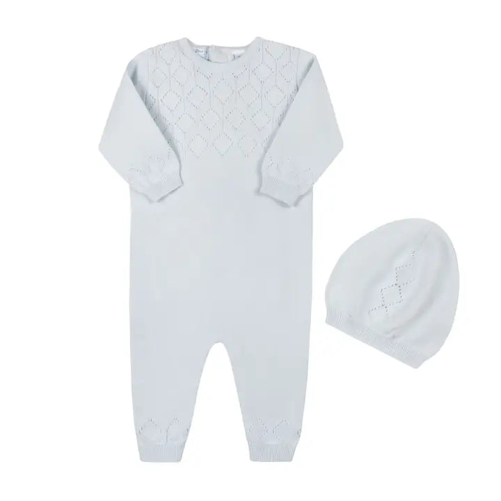 Blue Lux Pointelle Knit Romper W/Hat