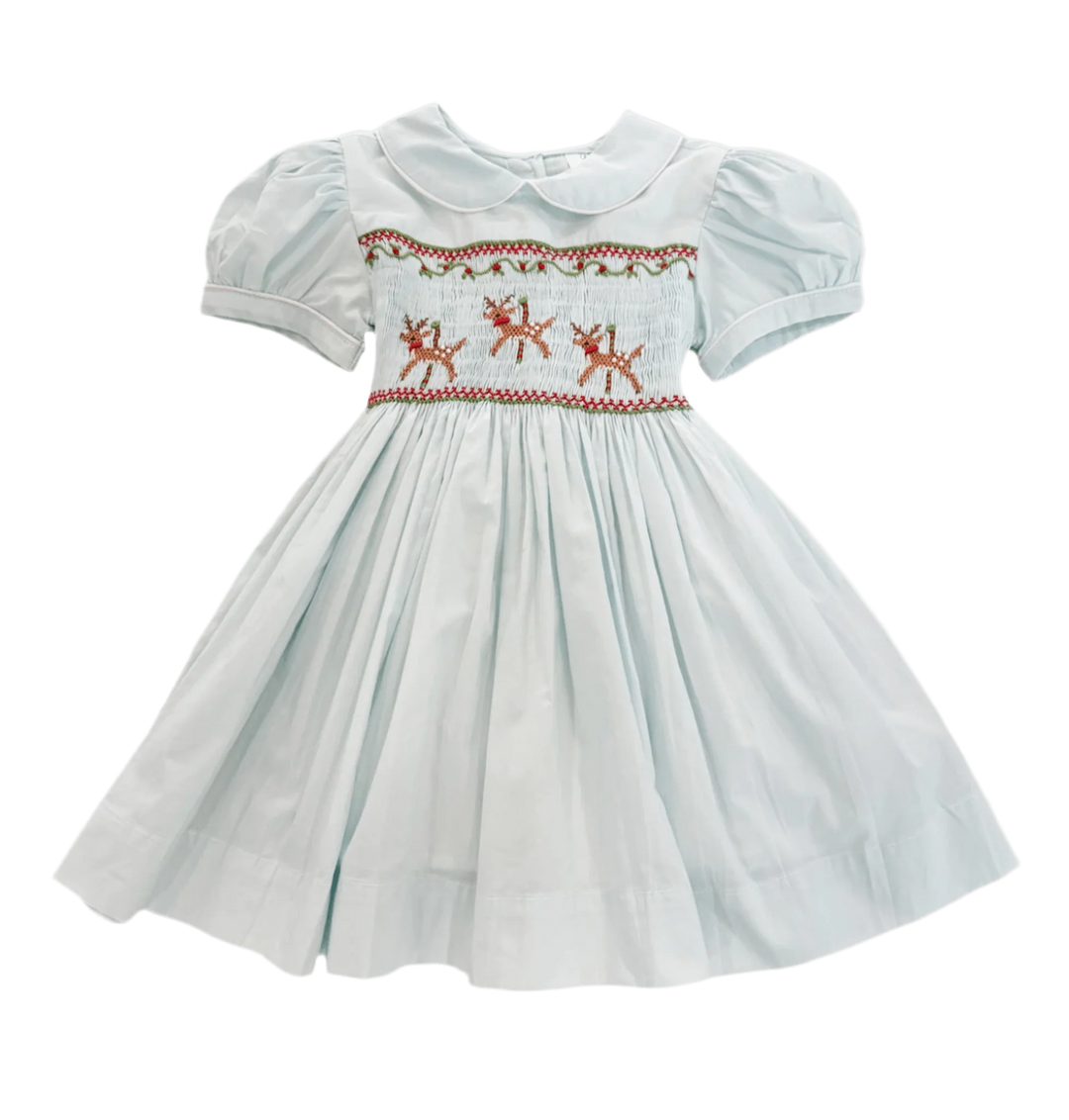 Light Blue Reindeer Smock Bodice Dress