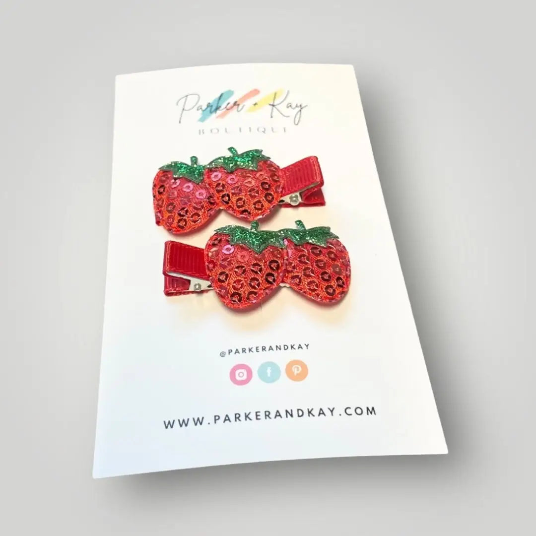 Sequin Strawberry Hair Clips- Red