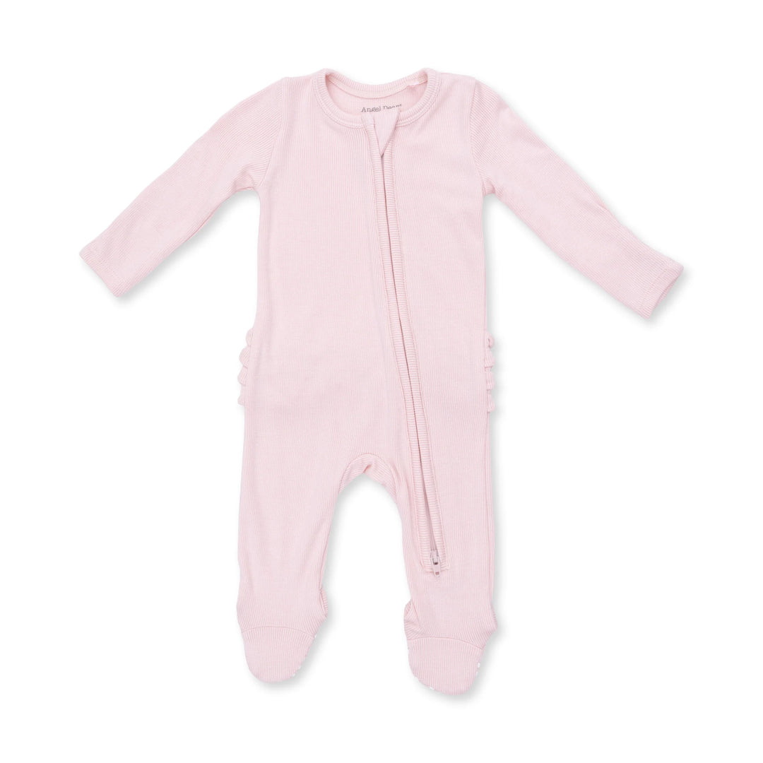 Solid Veiled Pink Rib - 2 Way Ruffle Back Zipper Footie