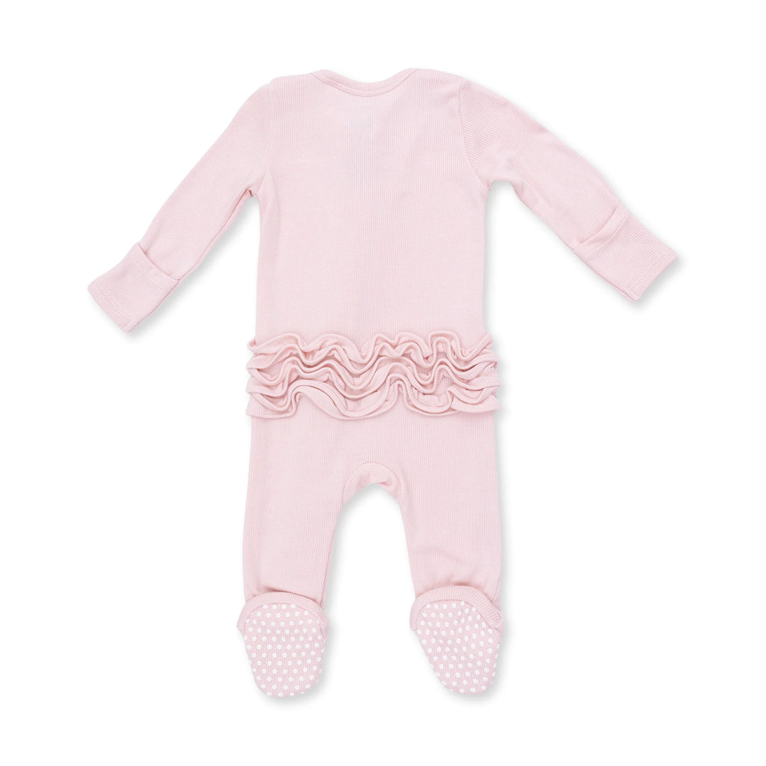 Solid Veiled Pink Rib - 2 Way Ruffle Back Zipper Footie