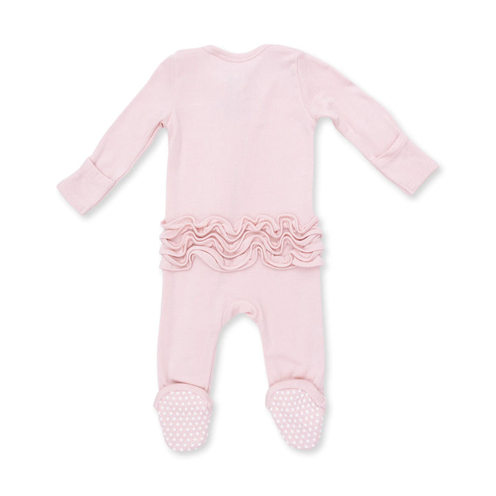 Solid Veiled Pink Rib - 2 Way Ruffle Back Zipper Footie