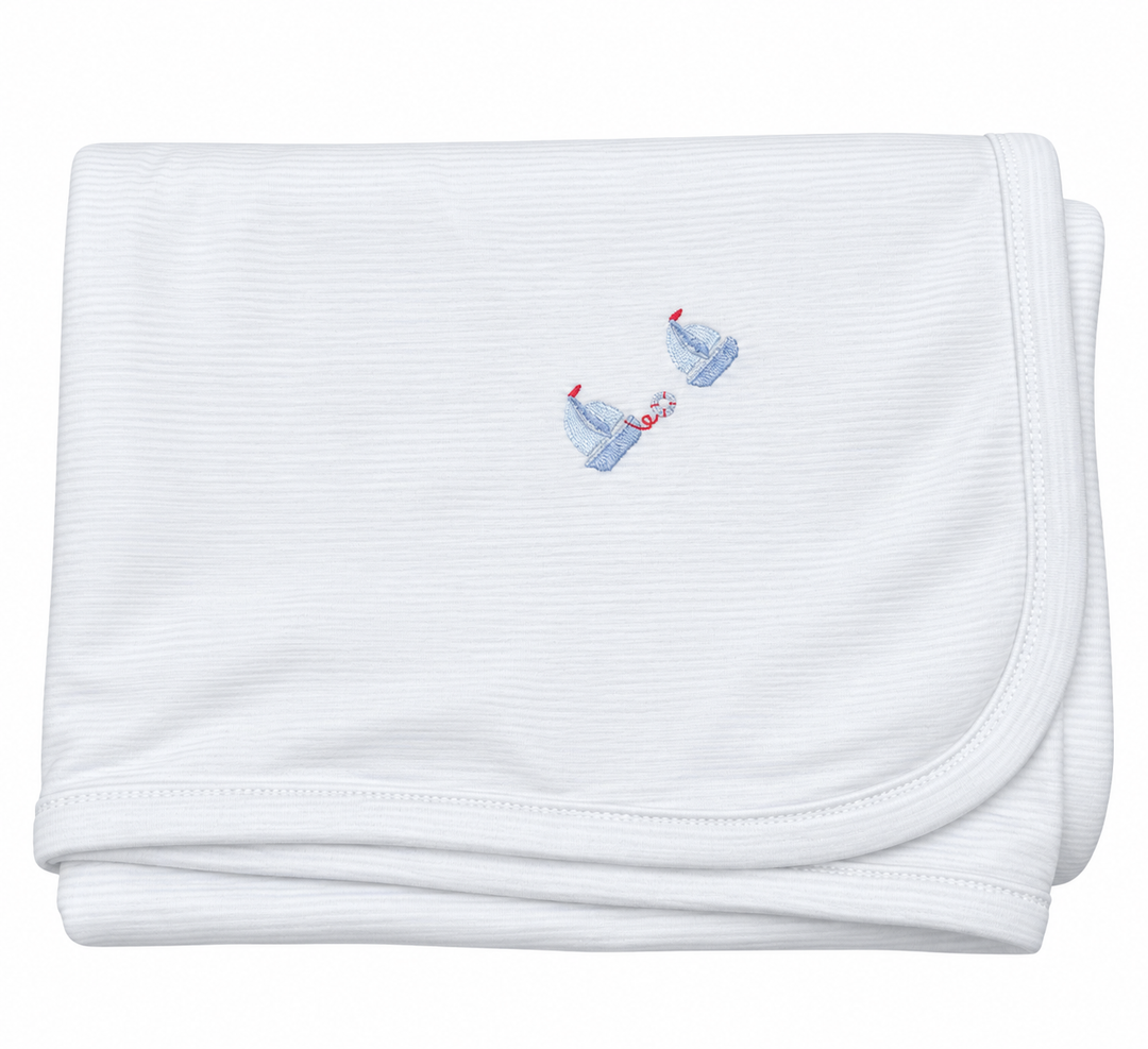 Hand Emb Blue Stripe Blanket
