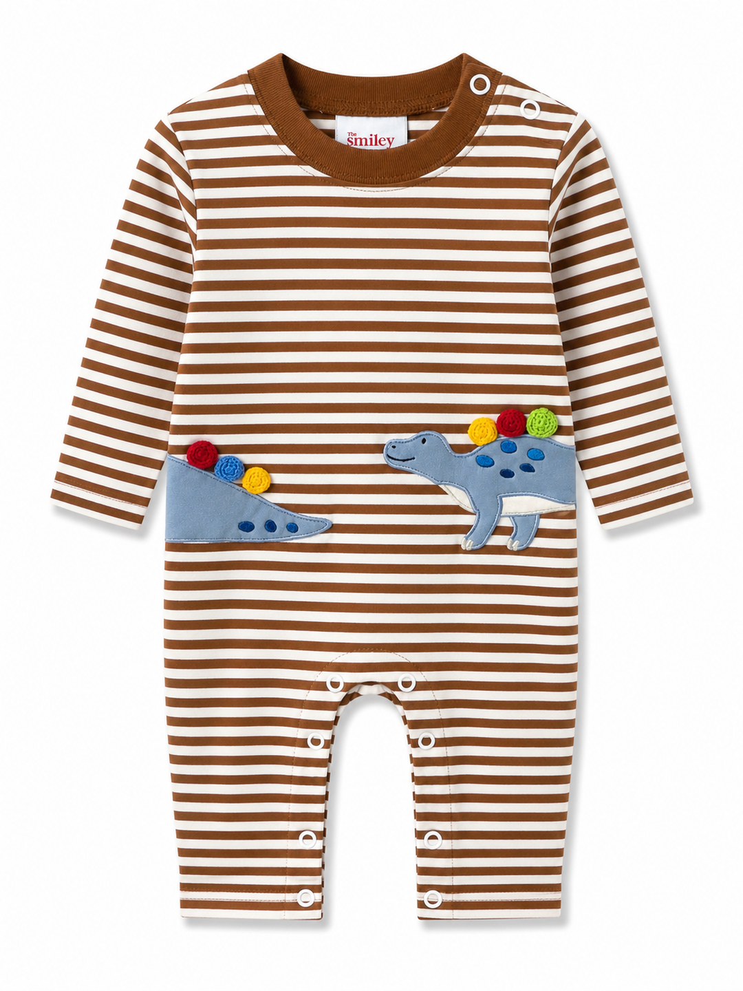 Brown Stripe One Piece- Blue Dinosaur