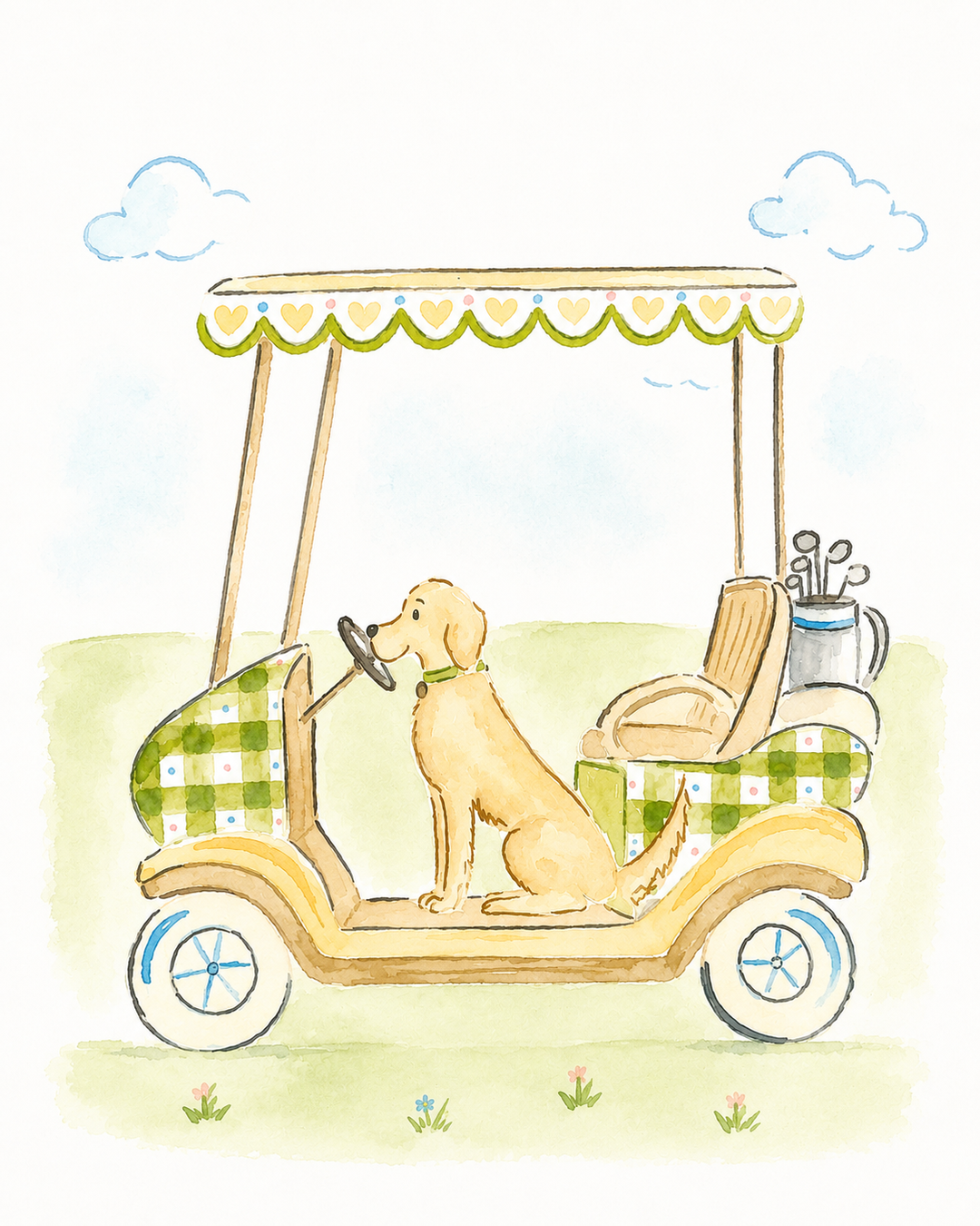Amanda Jane Art 8x10 Dog in Golf Cart