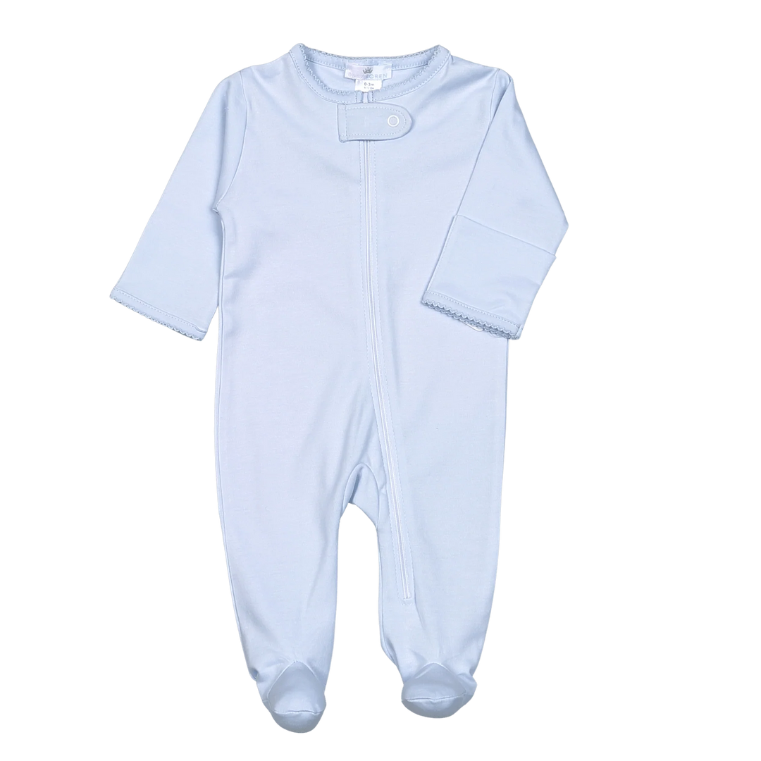 BBP-014 Blue Zipper Footie Blue Picot Trim