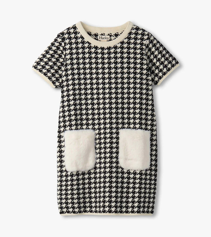 Houndstooth Sweater Dress w/Faux Fur Pockets