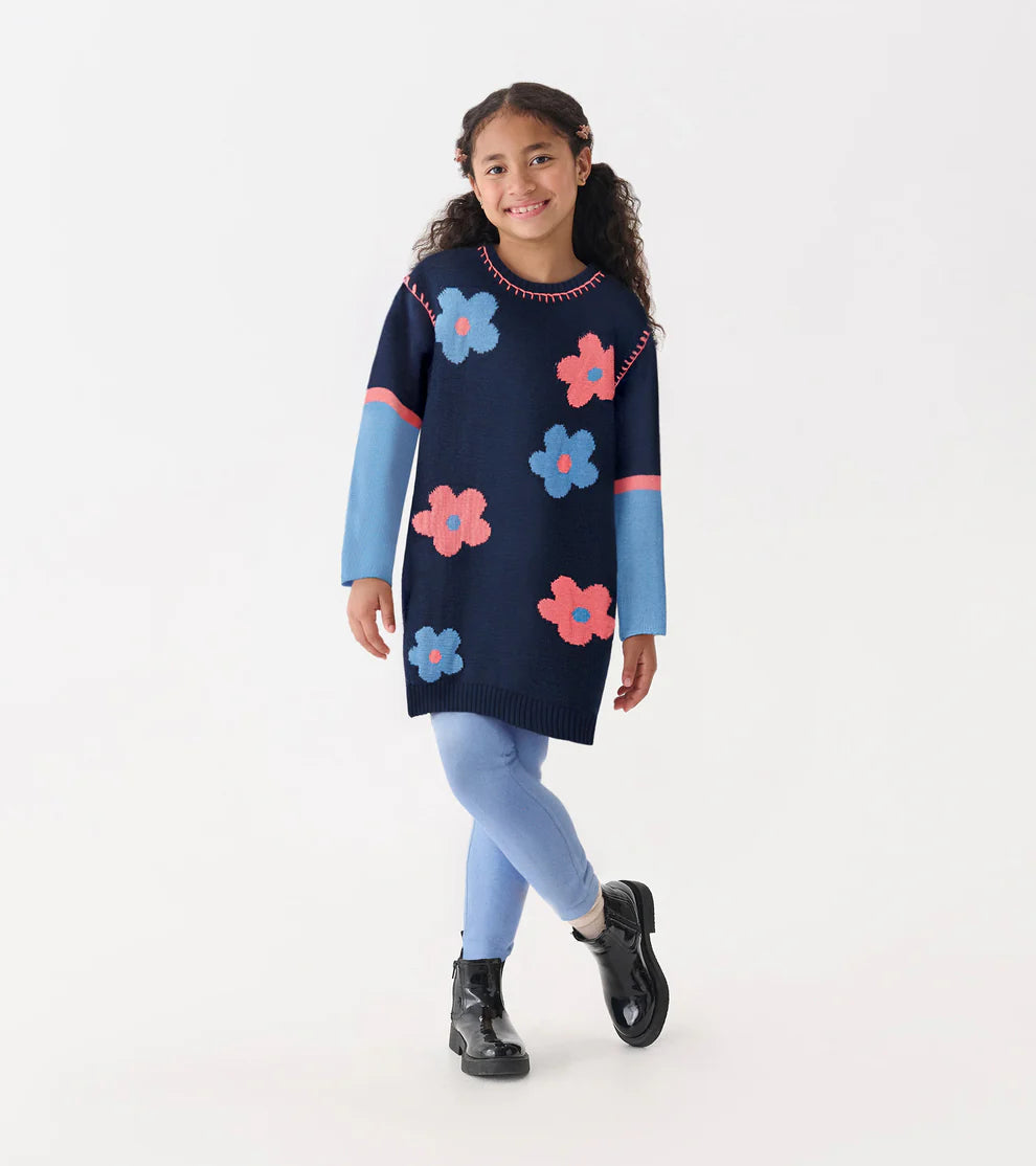 Navy Flower Drop Shoulder Sweater Dress