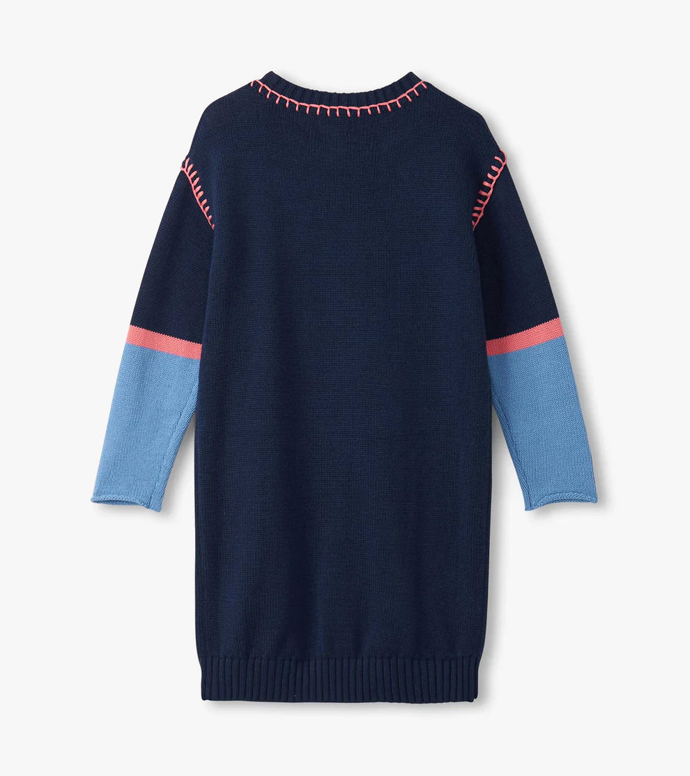 Navy Flower Drop Shoulder Sweater Dress
