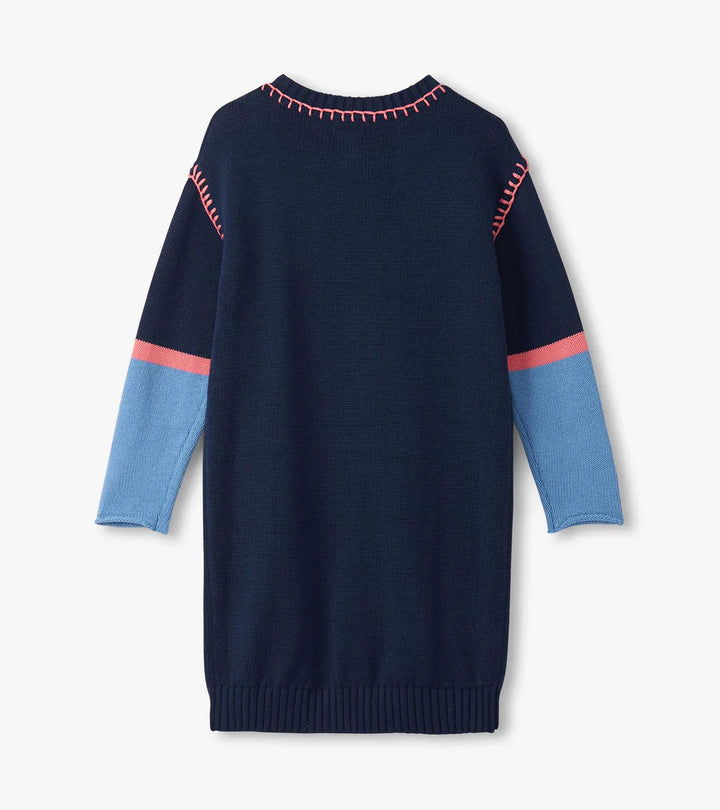 Navy Flower Drop Shoulder Sweater Dress