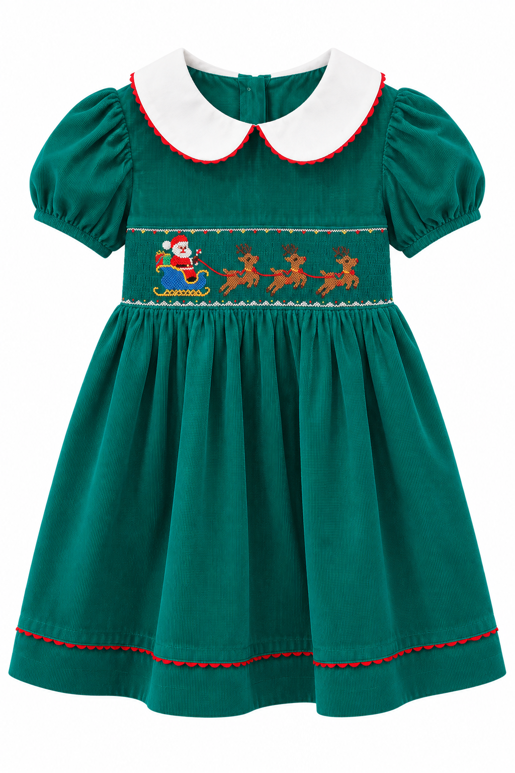 Santa's Sleigh Girls Green Corduroy Dress S/S