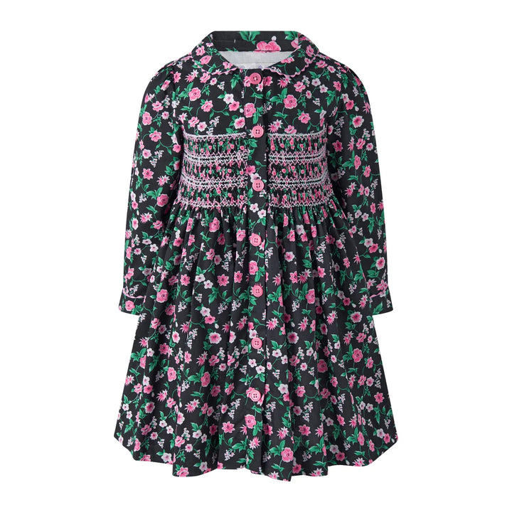 Black Floral Smocked Button-Front Dress