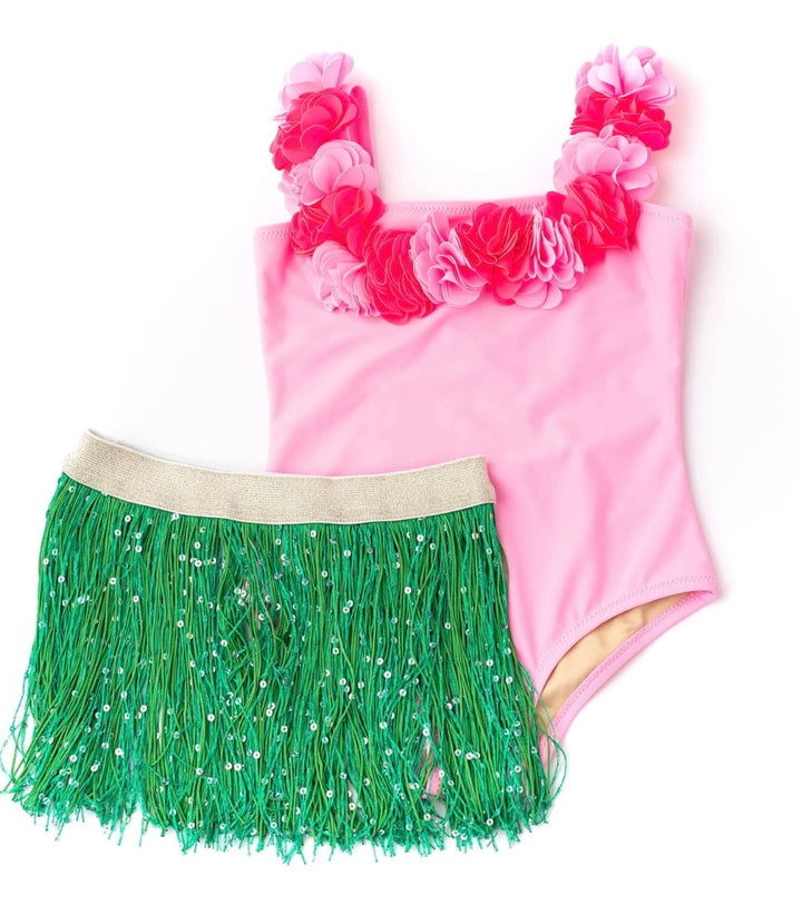 Hula Lei One Piece and Fringe Skirt Swim Set