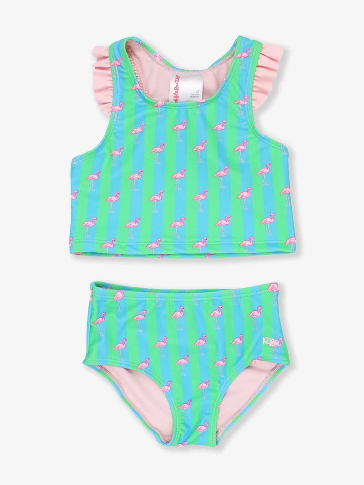 Neon Flamingo Stripe Girls Racerback Flutter Tankini