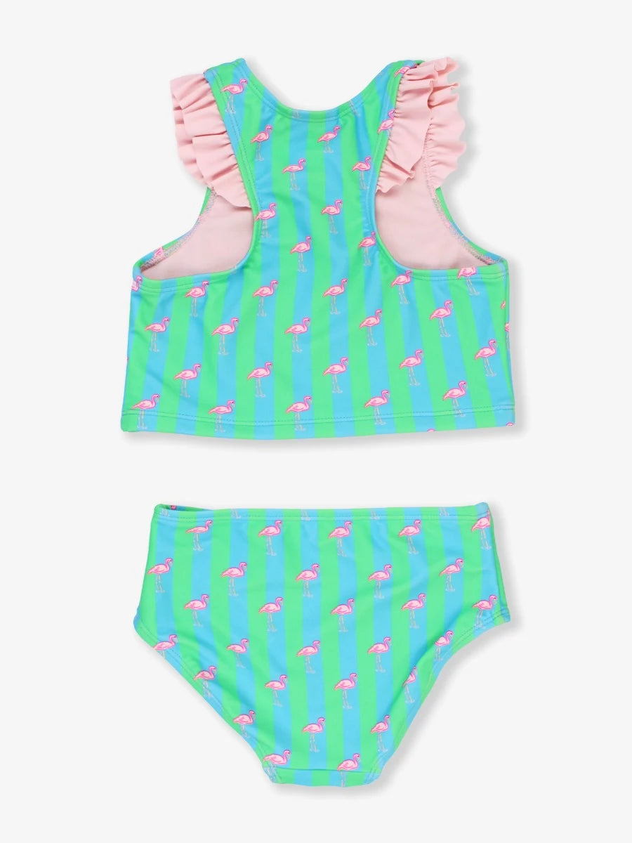 Neon Flamingo Stripe Girls Racerback Flutter Tankini