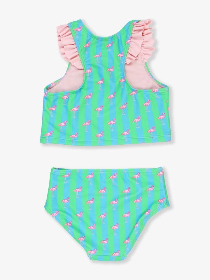 Neon Flamingo Stripe Girls Racerback Flutter Tankini