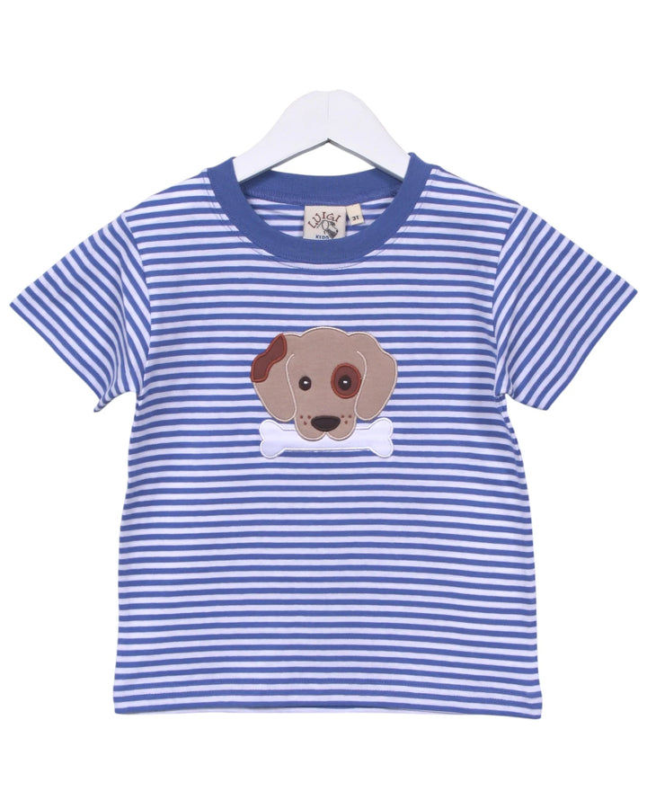 Puppy with Bone Applique Blue Stripe Tee