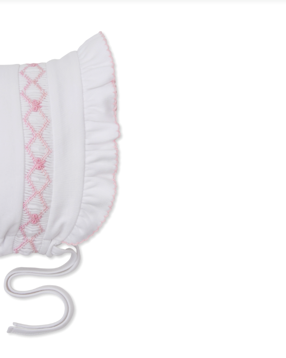 White & Pink Bonnet w/ Hand Smocked - Bows