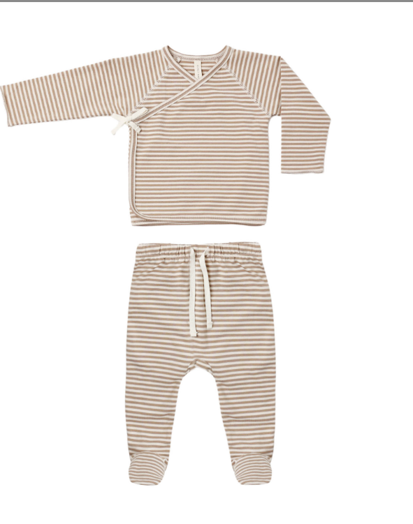 Wrap Top + Footed Pant Set - Almond Stripe