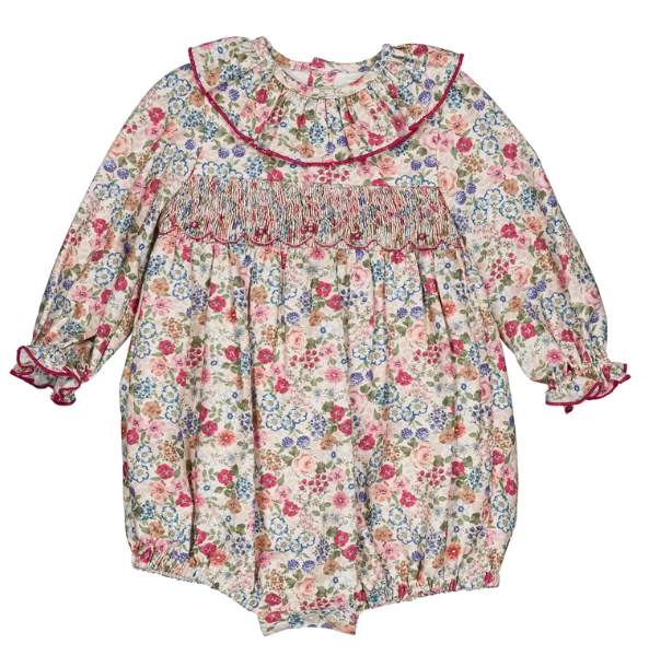 Anthéa, smocked romper- Pink and raspberry floral print