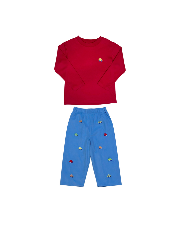 Cars Red Knit LS Tee and Periwinkle Corduroy Pants Set