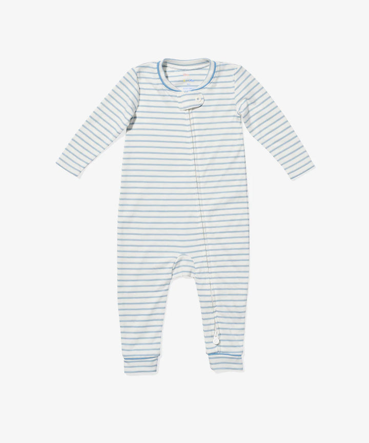 Ziggy Zip Romper, Dusty Blue Mini Stripe