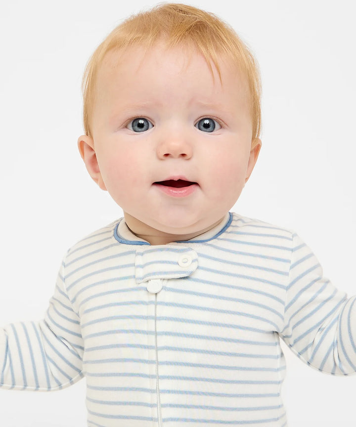 Ziggy Zip Romper, Dusty Blue Mini Stripe