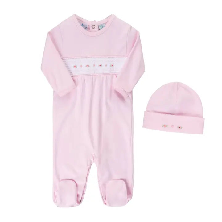 Pink Smocked Flower Romper W/Hat